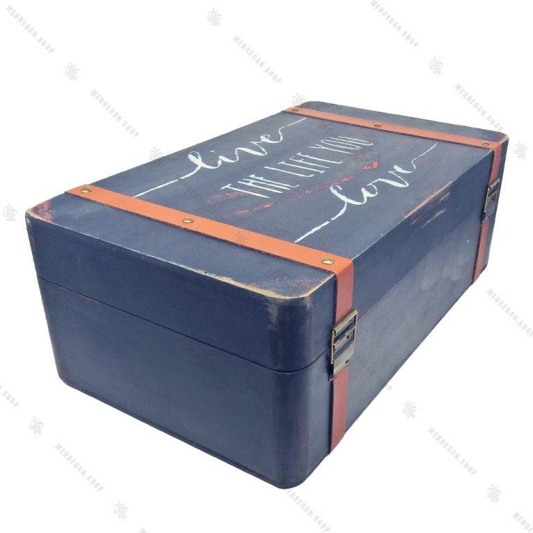 چمدان چوبی دکوری سایز بزرگ سرمه ای طرح کلاسیک