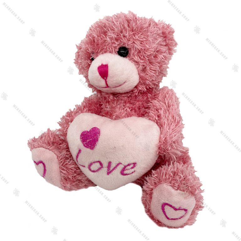 عروسک پولیشی خرس نشسته قلب دار صورتی