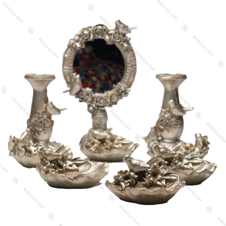 مجموعه ظروف هفت سین 9 پارچه طرح گل و پرنده نقره ای