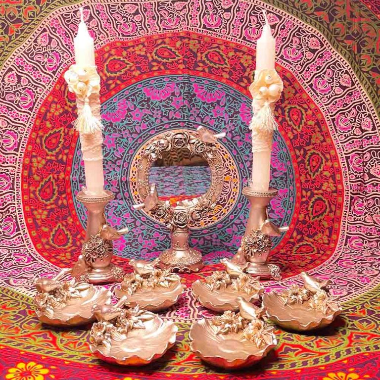 مجموعه ظروف هفت سین 9 پارچه طرح گل و پرنده نقره ای