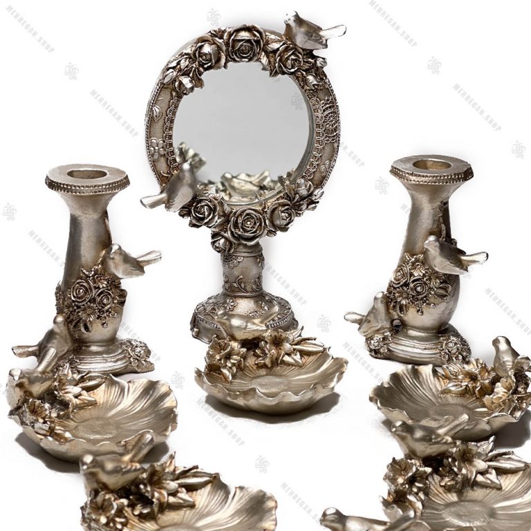 مجموعه ظروف هفت سین 9 پارچه طرح گل و پرنده نقره ای